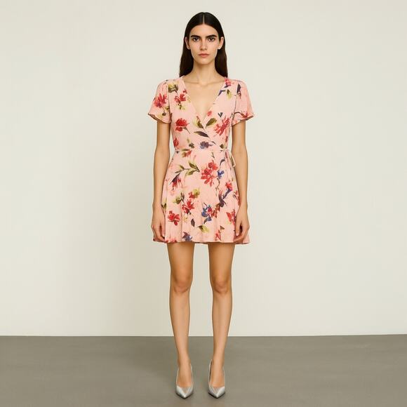 Lulus Cherished Love Pink Floral Short Sleeve Mini Fit & Flare Wrap Dress Size M - Picture 1 of 5